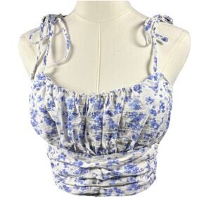 Forever 21 White Blue Floral Ruched Crop Tank Top Adjustable Tie Straps Size M